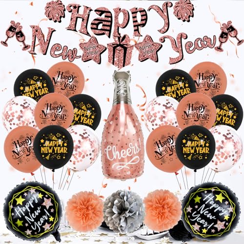 2024 Ballon Sets Neujahrs Party Dekorationsset Festliche Schwarze Girlanden Und Wimpelketten Zahlendekorationen Urlaubszubehör Neujahrs Ballon Set von GMBYLBY