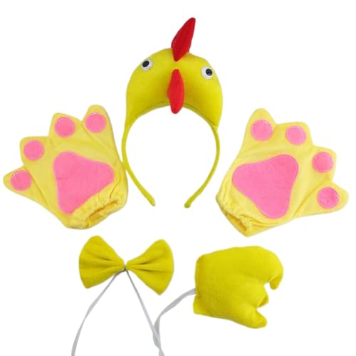 GMBYLBY Huhn-Cosplay-Set, Huhn-Ornamente, Kostüme, Schwanz, Fliege, Handschuhe, Hahn-Stirnbänder, Huhn-Kopfbedeckung, Tierhaarreifen von GMBYLBY