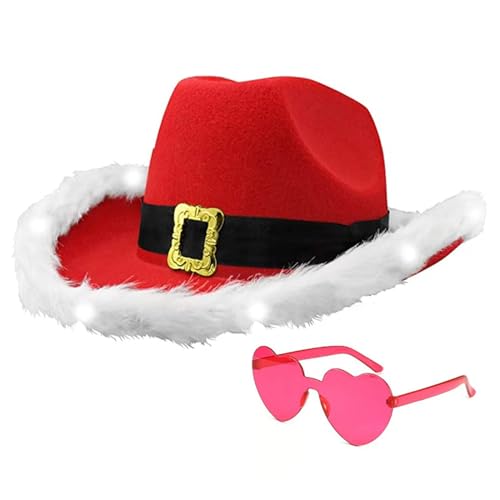 GMBYLBY Weihnachtsmütze, beleuchtete Westernhut, Brille für Damen, Mädchen, Krempe, Weihnachtsmannmütze, Weihnachtsfeier, Cosplay von GMBYLBY