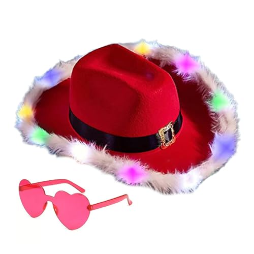 GMBYLBY Weihnachtsmütze, beleuchtete Westernhut, Brille für Damen, Mädchen, Krempe, Weihnachtsmannmütze, Weihnachtsfeier, Cosplay von GMBYLBY