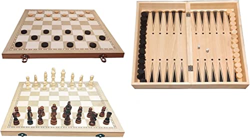 3 in 1 Spielset Schach, Dame und Backgammon (39 x 39 cm), Spielbrett mit Spielfiguren, Chess, Checkers, Draughts, Nardy, Nardi, Schachbrett, Schachspiel aus Holz von GMMH