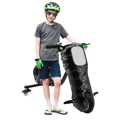 Kinder Elektro Driftscooter Elektromotor Dreirad 250W Drift Trike Roller mit 2.6Ah Batterie Lange Ausdauer LED-Beleuchtung Verstellbarer Sitz für 5-12 Jahren Kinder (Schwarz) von GMSLuu