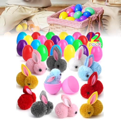 GMTEO 12 STK Gefüllte Ostereier mit 12 Mini Bunny Spielzeug, 2025 Neu Ostern Spielzeug Geschenke, Ostergeschenke Baster Stuffer für Kinder und Kleinkinder, Ostereiersuche, Partygeschenke (12 Stück) von GMTEO