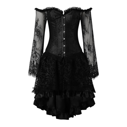 Damen Gothic Steampunk Stahlstäbchen Korsett Kleid Vollbrust Kleid Korsett Bustier Korsett Röcke Spitzenrock Set Lang Asymmetrisch Tüllrock Halloween Mittelalter Kostüme (A1 Dunkelgrau, S) von GOBIWM