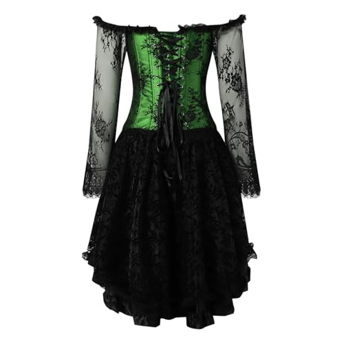 Damen Gothic Steampunk Stahlstäbchen Korsett Kleid Vollbrust Kleid Korsett Bustier Korsett Röcke Spitzenrock Set Lang Asymmetrisch Tüllrock Halloween Mittelalter Kostüme (A2 Grün, XXL) von GOBIWM