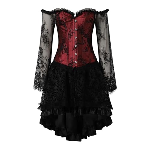 Damen Gothic Steampunk Stahlstäbchen Korsett Kleid Vollbrust Kleid Korsett Bustier Korsett Röcke Spitzenrock Set Lang Asymmetrisch Tüllrock Halloween Mittelalter Kostüme (A2 Rot, S) von GOBIWM