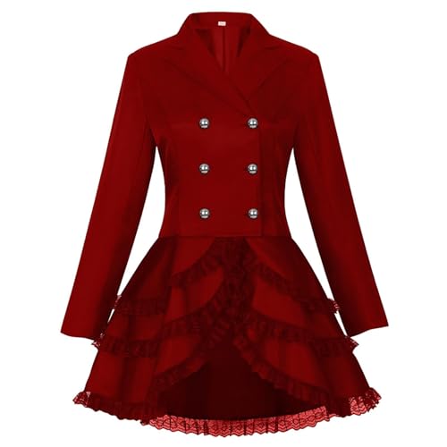 Damen Gothic Vintage Steampunk Jacke Viktorianischen Cosplay Kostüm Viktorianische Spitze Spleißen Korsett Mantel Frack Mittelalter Halloween Vampir Kostüm Smoking Uniform (A Rot, M) von GOBIWM