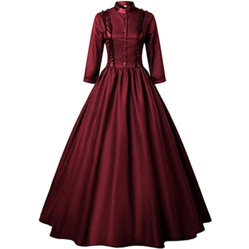 Damen Mittelalter Vintage Kleider Damen Gothic Viktorianisches Outfit Königin Kleid Ballkleid Party Halloween Karneval (Rot, M) von GOBIWM