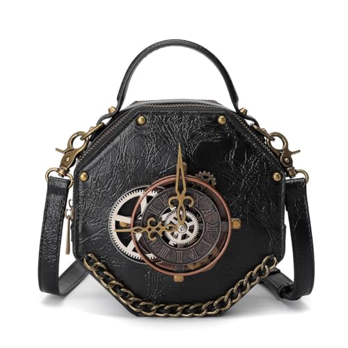 GOBIWM Mittelalterliche PU-Ledertasche, Retro-Steampunk-Stil, Schultertasche, Handtaschen, Damen, personalisierbar, Nieten, Uhrwerk, Steampunk-Stil, Tasche (Schwarz, F) von GOBIWM