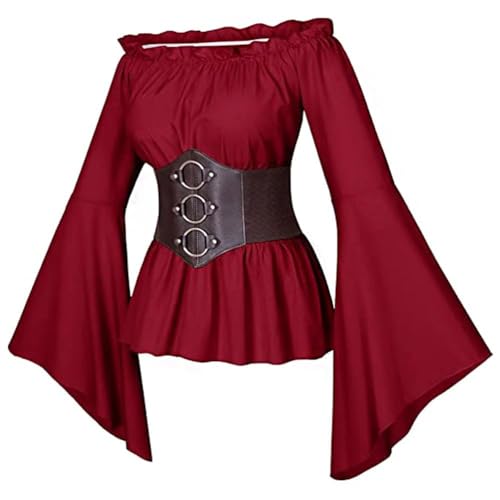 GOBIWM Mittelalterliches Kleid für Damen, Renaissance-Kostüm, Wasserärmel, Rüschen, schulterfrei, Korsett-Top, Rock, Halloween, Cosplay-Kostüm, Rot, Größe S von GOBIWM