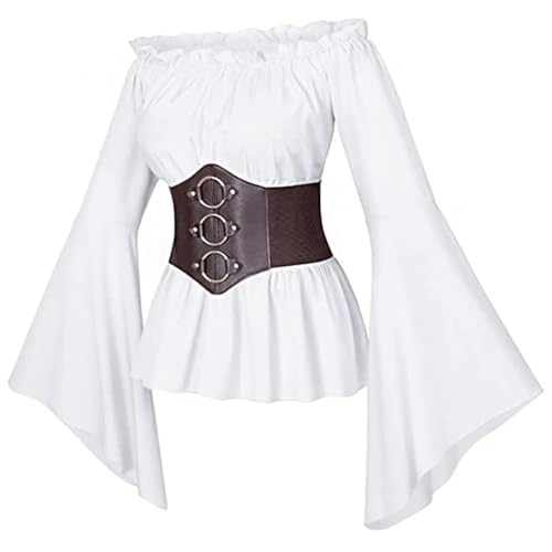 GOBIWM Mittelalterliches Kleid für Damen, Renaissance-Kostüm, Wasserärmel, Rüschen, schulterfrei, Korsett-Top, Rock, Halloween, Cosplay-Kostüm (Weiß, L) von GOBIWM