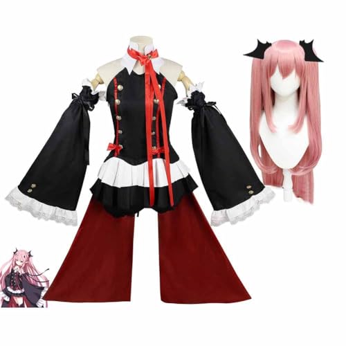 GOBIWM Seraph of the End Cosplay Shinoa Hiiragi Cosplay Kostüm Kleid Outfit Komplettes Set Shinoa Hiiragi Cosplay Perücke Dress Up Halloween Karneval Party für Frauen Mädchen (Krul Tepes mit Perücke, von GOBIWM