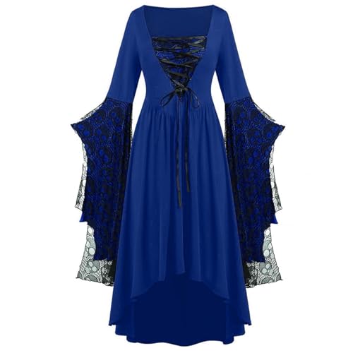 Gothic Halloween Kleid Kostüm Damen Plus Size Spitze Maxikleider mit Schmetterlingsärmeln für Festliches Vintage Hexenkleid Mittelalter Cosplay Club Party Kostüme (Blau, 3XL) von GOBIWM