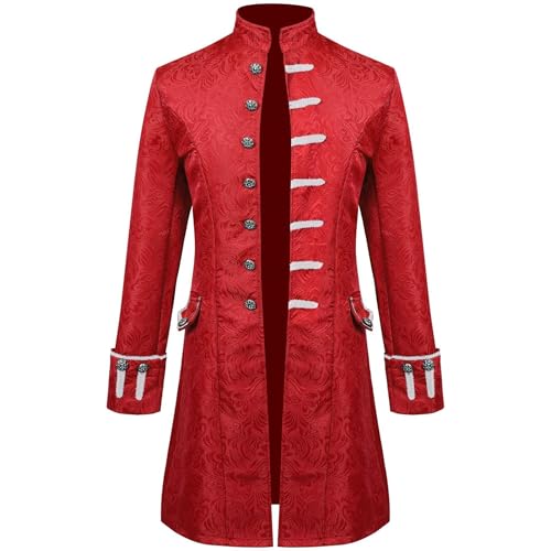 Mittelalter Steampunk Gothic Jacke Mantel Retro Langarm Stehkragen Jacke Halloween Party Cosplay Performance Bühnenkostüme (Rot, S) von GOBIWM