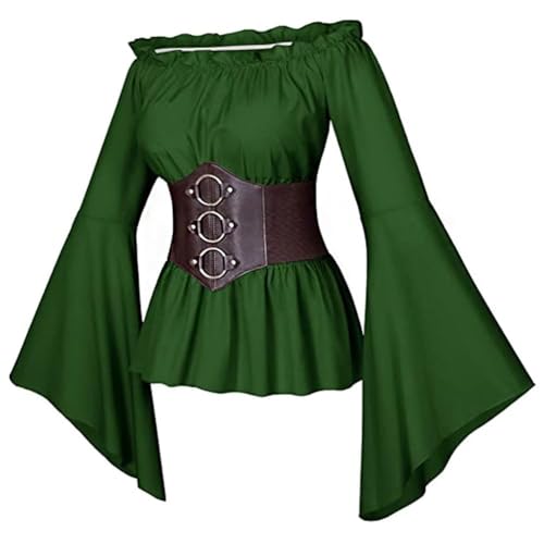 Mittelalterliches Kleid für Damen, Renaissance-Kostüm, Wasserärmel, Rüschen, schulterfrei, Korsett-Top, Rock, Halloween, Cosplay-Kostüm (Grün, XXL) von GOBIWM