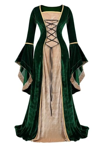 Renaissance Kostüm Damen Mittelalter Samt Kleid Halloween Irische Vintage Viktorianische Fee Hexenkostüme Party (Grün, L) von GOBIWM