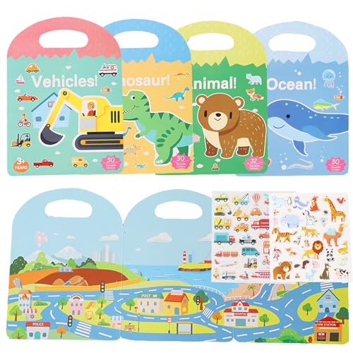 GOGOLAN 4 St. Wiederverwendbare Sticker Bücher,Puffy Sticker Szenen Buch für Kinder,Tier Fahrzeuge Dinosaurier Reise Sticker Spielzeug Busy Buch Flugzeug Aktivitäten für Kinder von GOGOLAN