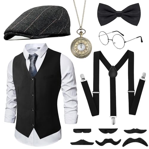 GOKINDOR 20er Jahre Kostüm Herren Accessoires, Peaky Blinders Kostüm Mafia Karneval Kostüm Herren, 20er Jahre Accessoires, Kostüme Herren Herren Kostüm Set Deko(L) von GOKINDOR