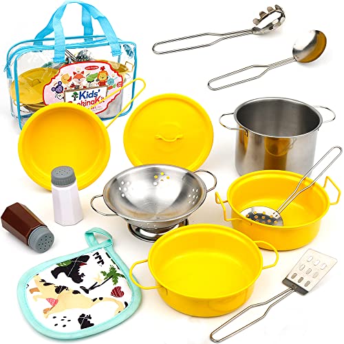 Edelstahl Pretend Kochgeschirr Kochgeschirr Set, Mini Spielküche, Spieltöpfe und Pfannen Spielzeug verpackt in Einer goldenen Stofftasche für Kinder Kleinkinder, gelb Edelstahl Pretend Kochgeschirr Kochgeschirr Set, Mini Spielküche, Spieltöpfe und Pfannen Spielzeug verpackt in Einer goldenen Stofftasche für Kinder Kleinkinder, gelb von GOLCUGYJH