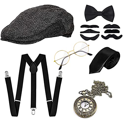 GOLDGE 1920s Herren Accessoires Set Mafia Gatsby Gatsby Kostüm Set mit Panama Gangster Hut Verstellbarem Hosenträger Krawatte Fliege Retro Taschenuhr Brille Bart (7PCS) von GOLDGE