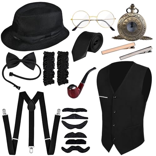 GOLDGE 20er Jahre Kostüm Herren, Peaky Blinders Kostüm, Mafia Kostüm Herren, 1920er Herren Outfit, 20er Jahre Accessoires mit Hosenträger Taschenuhr Weste Fliege Panamahut für Gatsby Herren (13PCS) von GOLDGE