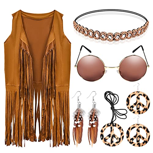 GOLDGE 6PCS Hippie Kostüm Damen Set, 60er 70er Jahre Bekleidung Accessoires Set, Retro Hippie Kleidung Damen Weste Fransen ärmellos mit Ohrringe Boho Style Stirnband Halskette Retro-Sonnenbrillen(M) von GOLDGE