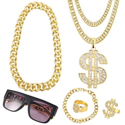 GOLDGE Zuhälter Kostüm, 6 Stück Hip Hop Rapper Kostüm, 80er 90er Jahre Outfit Herren & Damen, Goldkette Herren/Dollar Kette/Sonnenbrille/Dollar Ring für Halloween, Karneval, Fasching Mottoparty GOLDGE Zuhälter Kostüm, 6 Stück Hip Hop Rapper Kostüm, 80er 90er Jahre Outfit Herren & Damen, Goldkette Herren/Dollar Kette/Sonnenbrille/Dollar Ring für Halloween, Karneval, Fasching Mottoparty von GOLDGE