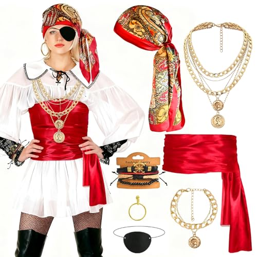 GOLDGE 7 Stück Piratenkostüm Damen Zubehör, Kostüm Pirat Damen Pirate Accessories mit Piratentuch Taillengürtel Halskette Armbänder Augenmaske Ohrringe für Karneval Halloween Cosplay GOLDGE 7 Stück Piratenkostüm Damen Zubehör, Kostüm Pirat Damen Pirate Accessories mit Piratentuch Taillengürtel Halskette Armbänder Augenmaske Ohrringe für Karneval Halloween Cosplay von GOLDGE