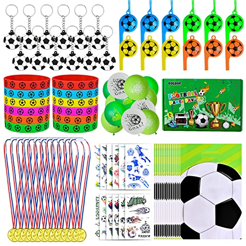 GOLDGE 87Pcs Fußball Party Mitgebsel Kinder mit Fußball Geburtstagsdeko Zubehör Tüten Trillerpfeife Schlüsselanhänger Aufkleber Süßigkeitentüte Medaillen Fußball Give Aways für Kinder Jungen Mädchen von GOLDGE