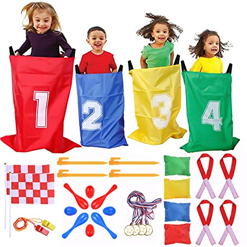 GOLDGE Outdoor Spiele für Kinder, 32pcs Kinderparty Set mit Hüpfsäcken Sandsack Eierlaufen Medaille für Kinder ab 3 Jahren von GOLDGE