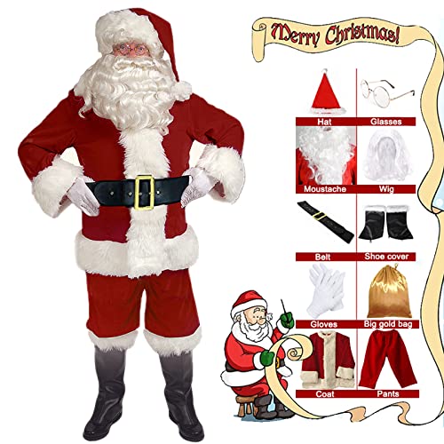 GOLDGE Weihnachtsmannanzug, 10 Stück Herren Weihnachten Erwachsene Weihnachtsmann Kostüm, Cosplay Anzug Verkleidung Outfit, Größe XL von GOLDGE