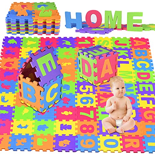 Goldge Puzzleteppich, 72 Stück, Schaumstoff, sehr strapazierfähig, für Kinder, Puzzlematte für Babys, ungiftig, Alphabet & Zahlen, EVA, mehrfarbig von GOLDGE