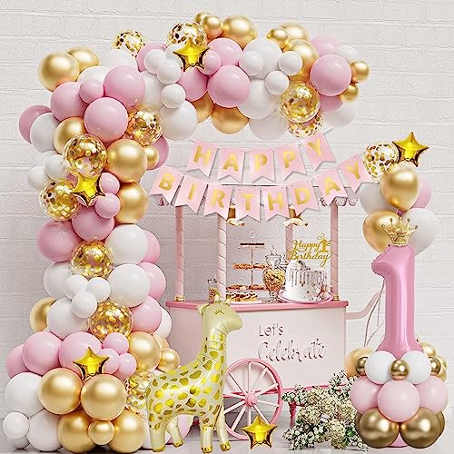 1 Geburtstag Deko Mädchen Junge, Rosa Gold 1. Geburtstagsdeko, 1 Jahre Ballon Luftballon Girlande, mit Happy Birthday Girlande für Kinder Mädchen Junge Geburtstag Party Deko 1. Babydusche von GOLDNICE