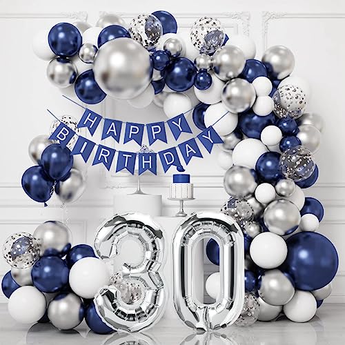 30. Geburtstag Deko Junge, 30 Geburtstagsdeko Mädchen, Blau und Silber Deko 30 Geburtstag Luftballon mit HAPPY BIRTHDAY Banner, Ballon Girlande für Frauen Mann 30. Geburtstag Dekorationen von GOLDNICE