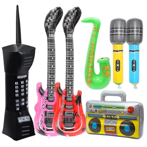 9Stück Aufblasbare Instrumente Buntes Aufblasbare Gitarre Mikrofone Saxophon Aufblasbares Klavier Aufblasbarer Baß Radio + Gläser, Luftpumpe für Feiern Karneval Geburtstags Deko Party Favors von GOLDNICE