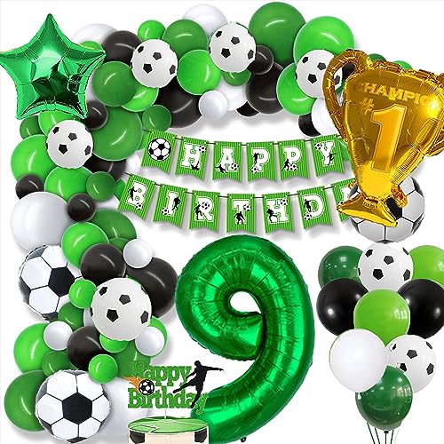 Fußball 9 Geburtstag Deko Junge, 9. Football Geburtstagsdeko, 9 Jahre Ballon Grün Luftballon Girlande, mit Happy Birthday Girlande, für Kinder Junge Geburtstag Party Fußball Deko 9.Geburtstagsdeko von GOLDNICE