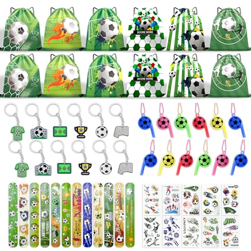 Fußball Party Taschen Mitgebsel für Kinder 60pcs Fußball Party Favours Fußball Party Drawstring Taschen Fußball Armbänder Schlüsselanhänger Tattoo Aufkleber Pfeifen Fußball Party Favours Geburts von GOLDNICE