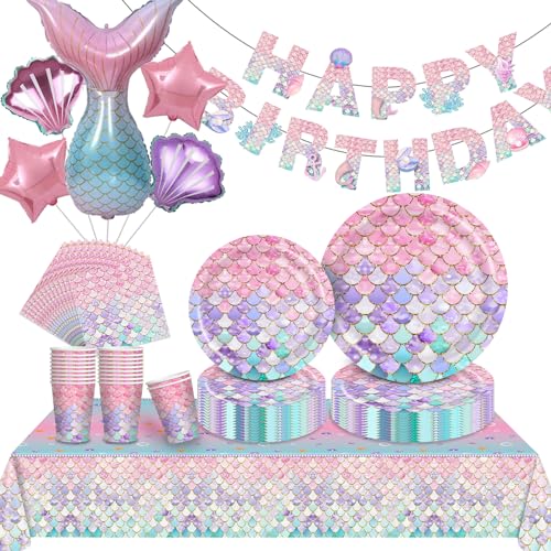 Meerjungfrau Party Geschirr Set 94PCS Mermaid Geburtstag Party Papierteller Tassen und Servietten Tischdecke Geburtstag Banner Ballons Meerjungfrau Geburtstag Dekoration Zubehör für Mädchen von GOLDNICE