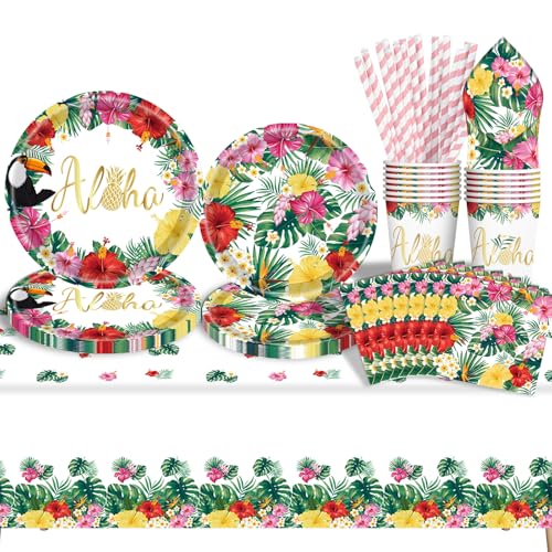 Tropische Luau Party Supplies Flamingo Party Geschirr Set, Hawaiian Papier Teller Servietten Tassen und Tischdecke für Hawaiian Strand Geburtstag Party Geschirr Dekorationen von GOLDNICE