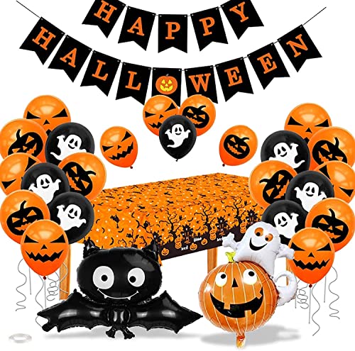 Halloween Ballon Dekorationen, DIY Halloween Ballon Banner Tischdecken Set, Schwarz Orange Halloween Ballon Kit mit Geist Kürbis Schläger Folienballon für Happy Halloween Party Fest Deko von GOLDNICE