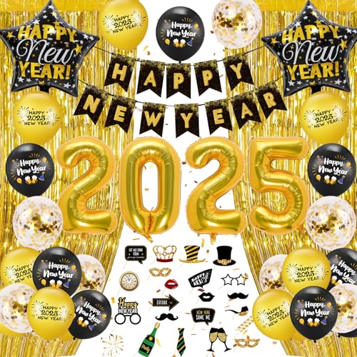 Silvester Deko 2025 Neujahr Deko,Folienballon Schwarz und Gold Luftballons Party Silvester Dekoration 2025 Ballons, Happy New Year Girlande Banner Silvesterparty Neujahr Supplies von GOLDNICE