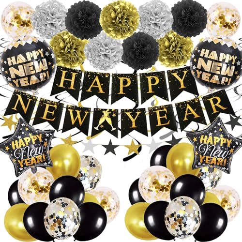 Silvester Deko Set 2024 Folienballon Silvester Dekorationen 2024 Schwarz und Gold Luftballons Party Silvester Dekoration 2024 Ballons, Happy New Year Girlande Banner Silvesterparty Neujahr Supplies von GOLDNICE