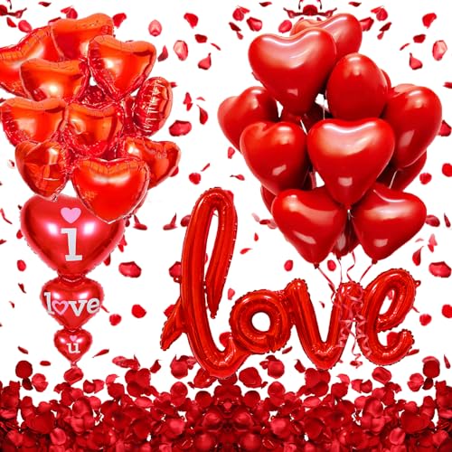 Valentinstag Luftballons Dekoration Set, Valentine I LOVE YOU Folienballon, Rote Heiratsantrag mit Herzluftballons, 1000Pcs Rosenblätter rot für Romantische Hochzeit Deko Valentinstag Dekoration Set von GOLDNICE