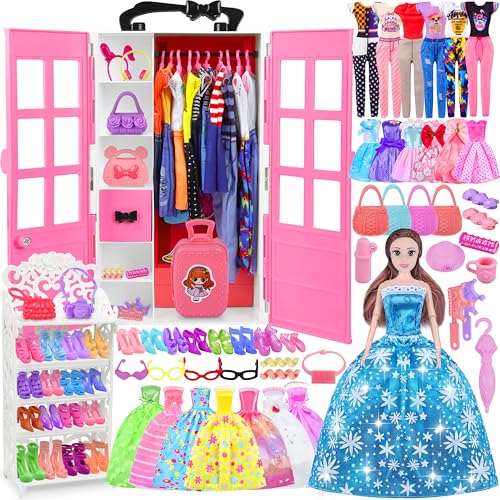 GOLMUD 122+ Puppen KleiderSchrank Set, inkl 1pcs11.5 Zoll Puppe, Zubehör Enthaltene Mode Kleider Schuhe Taschen Kleiderbügel Warten, Puppe Dress Up Spielzeug, Geschenk für ab 3 4 5 6+ Mädchen Jahre von GOLMUD