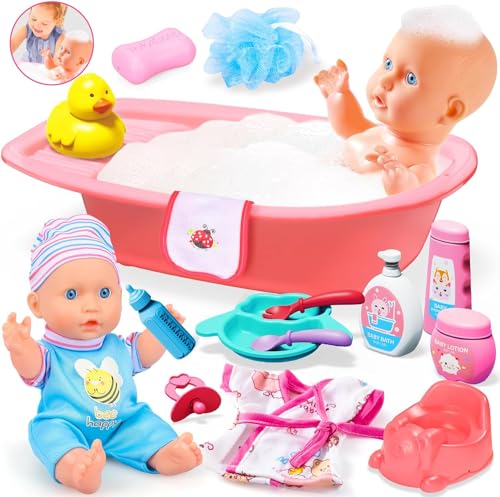 GOLMUD Babypuppen Badespielset mit Zubehör, Rollenspiel-Set mit Badewanne, Badeente & Babyflasche, Lernspielzeug für Kinder ab 3 Jahren, Geschenk für Mädchen/Jungen 3 4 5 6 7 Jahre von GOLMUD