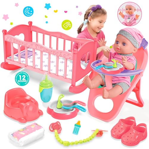 GOLMUD Baby-Pflegeset Spielzeug, realistischer Babypuppe, Fütterungsspielzeug für Babys, Schnuller, Windeln, Pantoffeln, verstellbarem Sitz - Geschenke für 3 4 5 6 Jahre alte Mädchen von GOLMUD