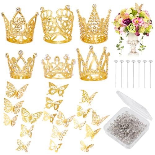 GOMAKERER 178 Stück Blumenstrauß Zubehör Set 100 Stück Blumenstrauß Anstecknadeln 72 Stück 3D Schmetterlings Wandaufkleber 6 Stück Kuchendekoration Mit Strass Kronen Für Muttertag Geburtstag Hochzeit von GOMAKERER