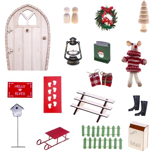 20 PCS Weihnachten Wichtel Set, Miniatur Weihnachten Wichtel Zubehör, Puppenhaus Mini Weihnachtsfee Elfen Set mit Wichtel Briefkästen Zäun Leiter Kranz Simulation Einer Miniaturszene Kinder Geschenk von GOMETY