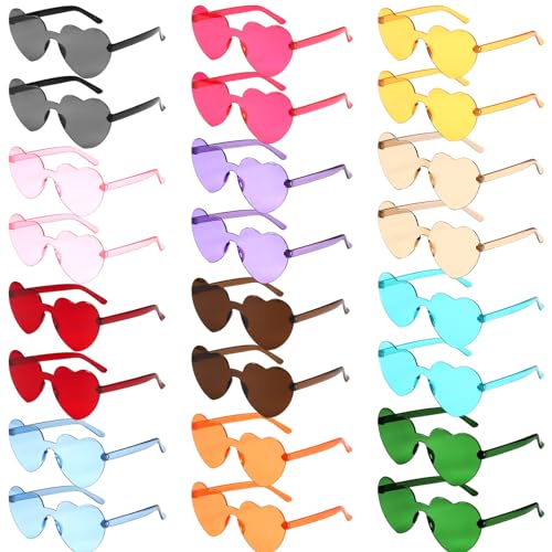 GOMETY 24 Stück Herz Sonnenbrille,Randlose Sonnenbrillen,Farbe Herz Brille,Transparente Bonbonfarbene Herzbrille,Herzförmige Partybrille,Herzbrille,für Karneval Strandparty Weihnachten,12 Farben von GOMETY