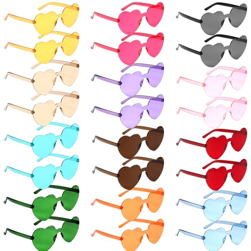 GOMETY 24 Stück Randlose Sonnenbrillen,Herz Sonnenbrille, Farbe Herz Brille,Transparente Bonbonfarbene Herzbrille,Herzförmige Partybrille,Herzbrille,für Karneval Strandparty Weihnachten,12 Farben von GOMETY